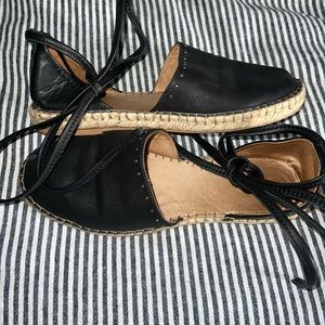 All Saints Black Leather Ankle Tie Up Espadrilles Shoes size 40 Authentic